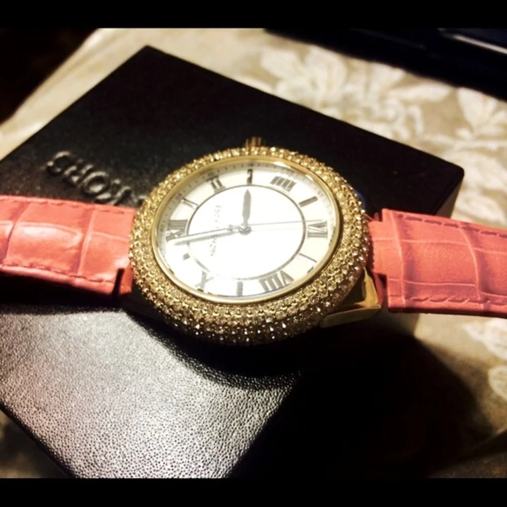 Michael Kors MK2329 Camille Crystal Bezel Pink Leather Watch NIB